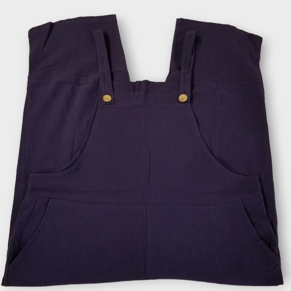 Linen Navy Blue Cropped Overalls, Medium - Picture 3 of 6